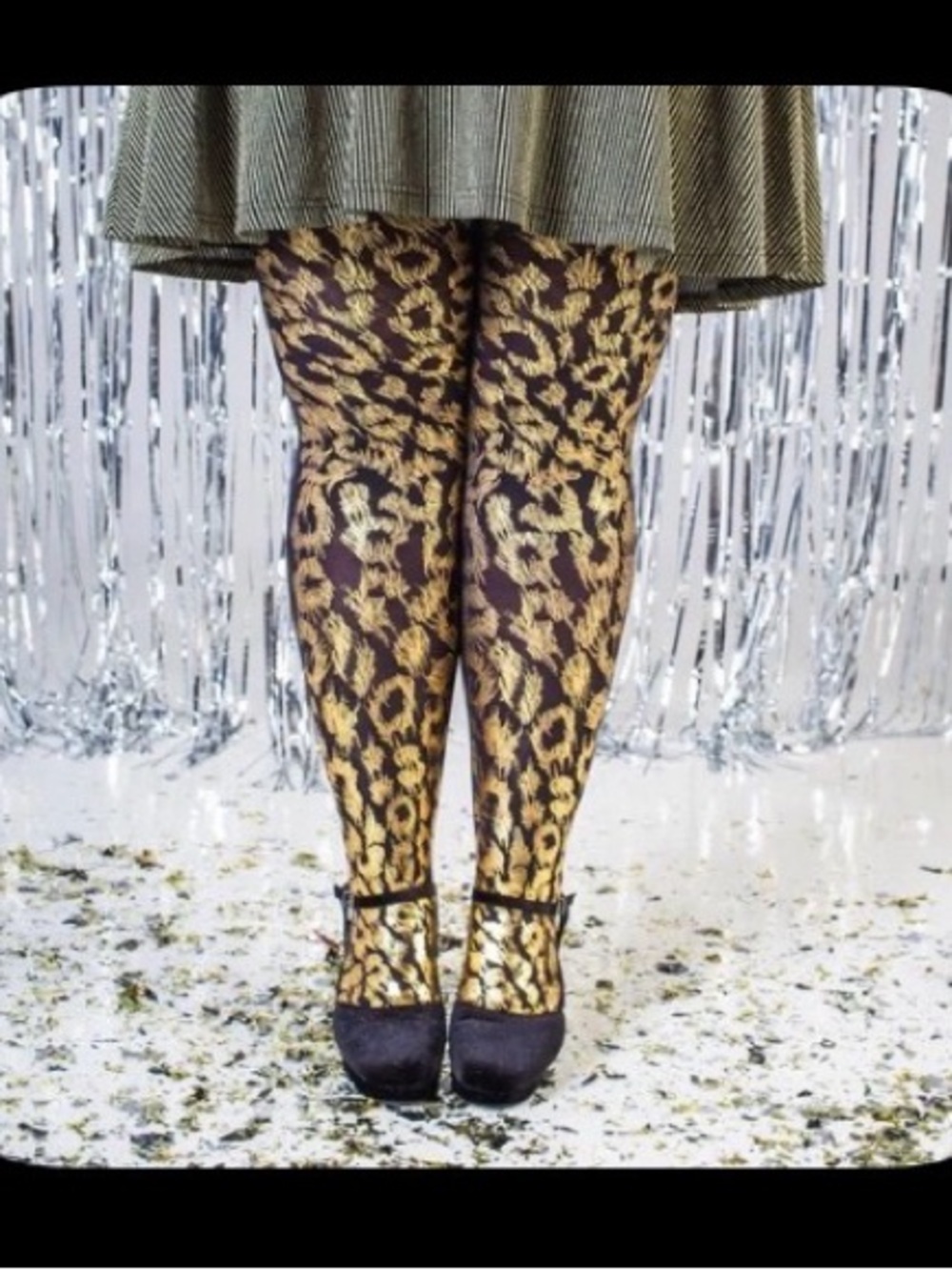 Snag Tights Never Worn/ Tried On Party Animal Gold Leopard Print On Black Size E
